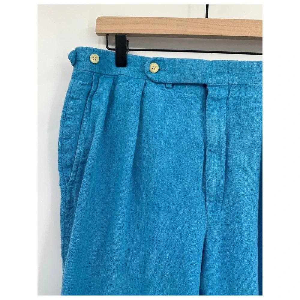 Vintage Polo Ralph Lauren Pants Mens 34 Blue Teal Linen Pleated Made USA Hemmed